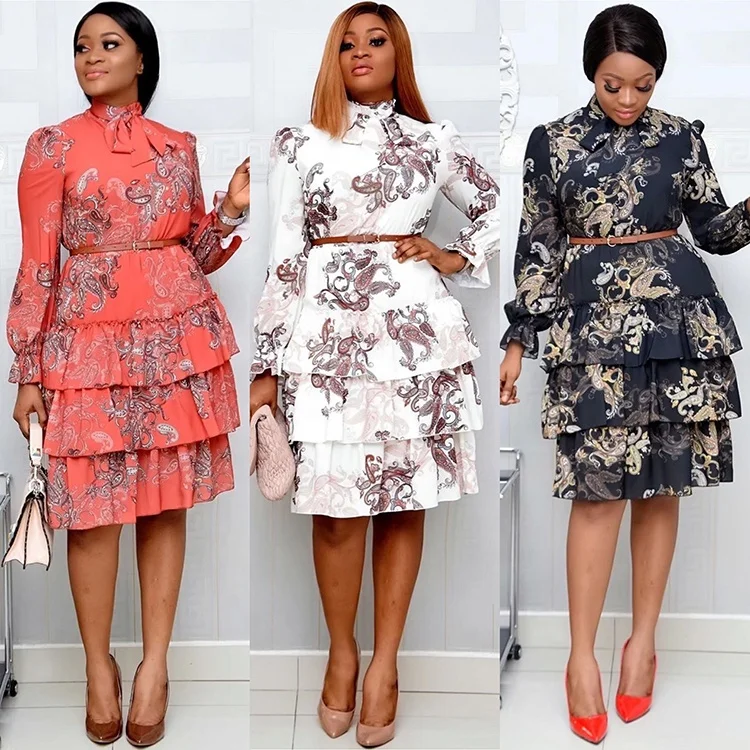

Spring Plus Size Long Sleeve Knee-Length Casual Dresses Women Elegant Floral Print Ruffle Commuter Dress, Picture color