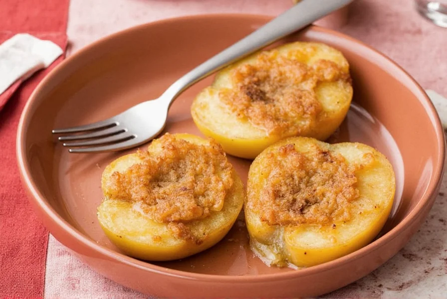 Four perfectly baked apples with cinnamon filling oozing out, golden brown tops, served in a white ceramic dish with vanilla ice cream melting on top