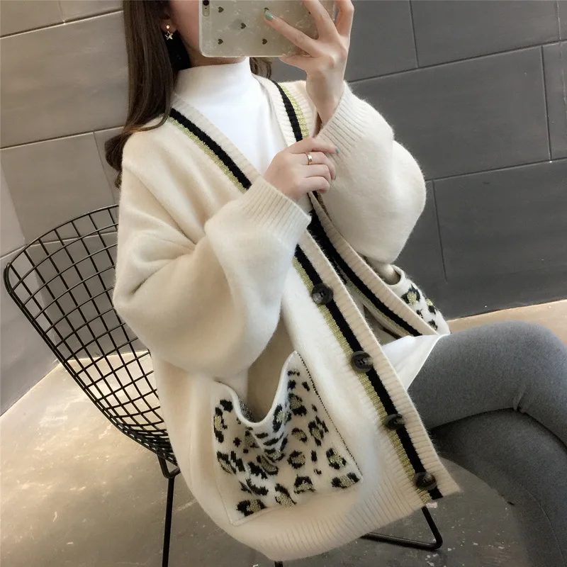 

Wholesale korean style  loose women leopard pocket women sweater coat