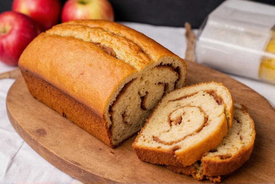 Perfectly baked apple cinnamon swirl loaf with visible spiral cut on wooden board