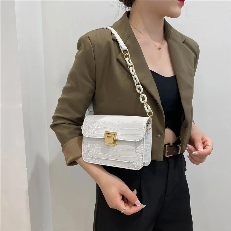 

Factory Direct Sale  Clamshell Crocodile Pattern Metal Chain Solid Color Pu Leather Handle Shoulder Bag Women, As show