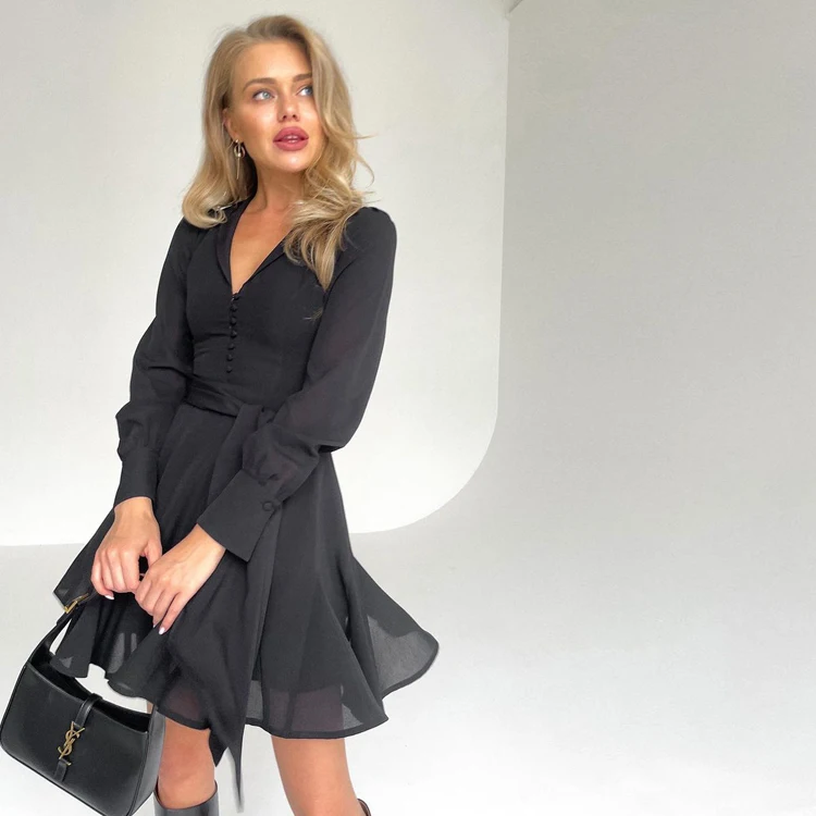 

Trendy Spring Buttons Pleated V Neck Vestidos Elegantes Black Chiffon Long Sleeve Casual Dresses