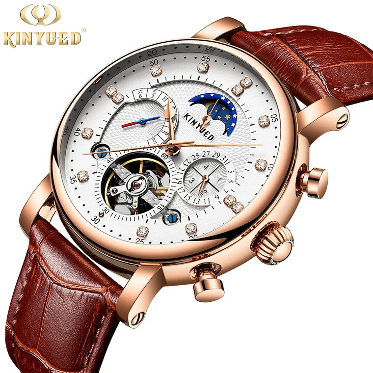 

KINYUED Brand J025-1 White Dial Genuine Leather Watches Skeleton Moon Phase Waterproof Mechanical Men Wristwatches