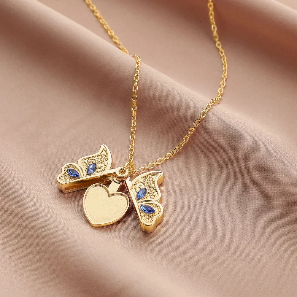 

New Arrival Luxury Opened Photo Box Diamond Inlay 18k Gold Plated Jewelry Charm Butterfly Heart Locket Necklace For Women, 18k gold/silver