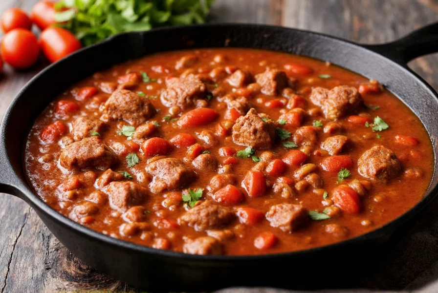 Texas-style chili in cast iron pot with beef chunks and red chili sauce