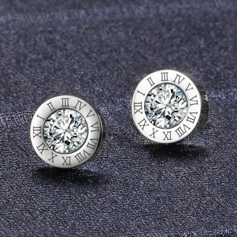 

Advanced cool stainless steel Roman digital round earrings Diamond stud earrings Fashion jewelry European style hip hop earrings