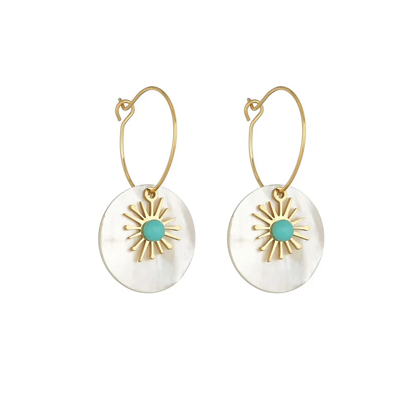 

2021 shell inlaid with natural stone sunflower French storm Simia women 14k gold plated hoop pendant bohemian earrings