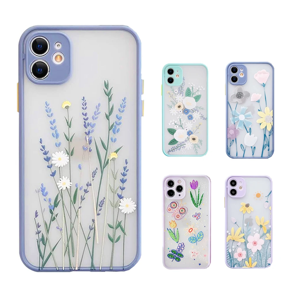 

Girls Soft TPU Protective Frosted PC Back Cove Slim Clear 3D Floral Flower Cases for iPhone 13 12 11 Pro Max 8 7 6, Multi