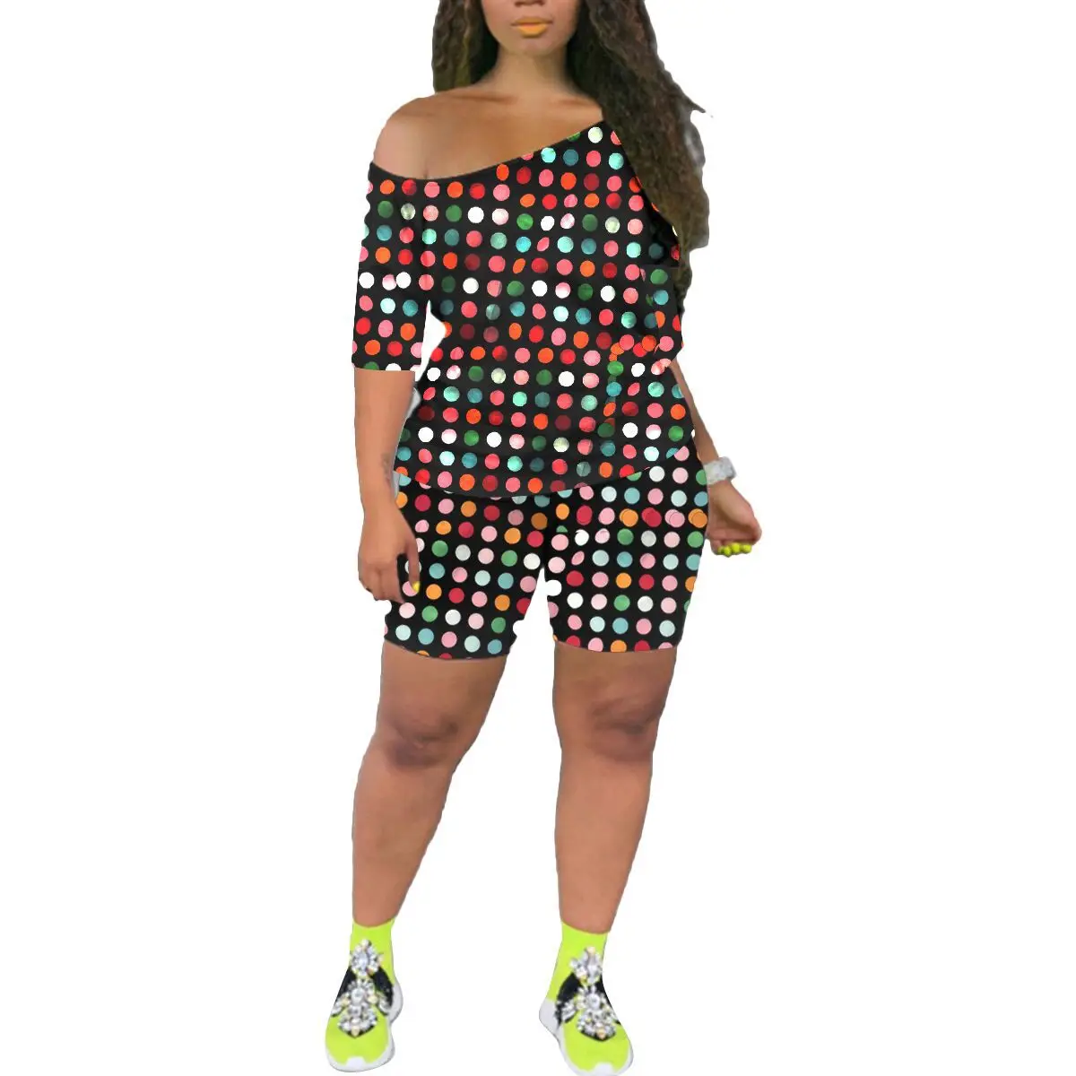 

S6299 Oblique Shoulder Clothing Women Two Pieces Set Top Shorts Women Biker Shorts