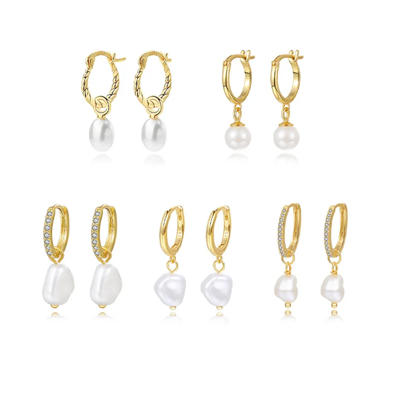 

Elegant hot selling 925 sterling silver pearl dangle earrings 18k gold zircon pave pearl hoop earrings for women