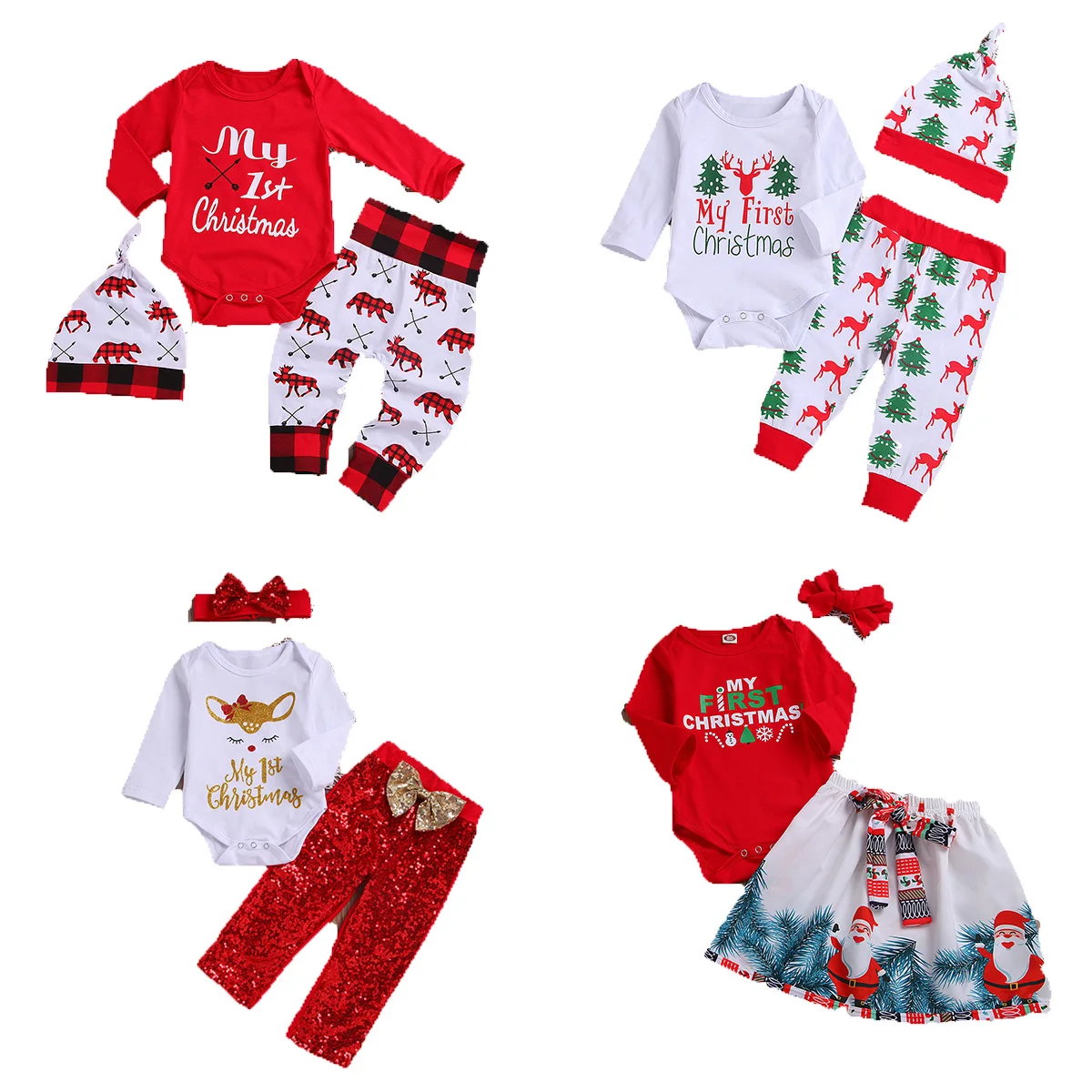 

Newborn Baby Girls My First Christmas Letter Romper+Reindeer Sequin Pant+Hat Toddler Kids 3pcs Christmas Outfits Clothes Set, As the pictures