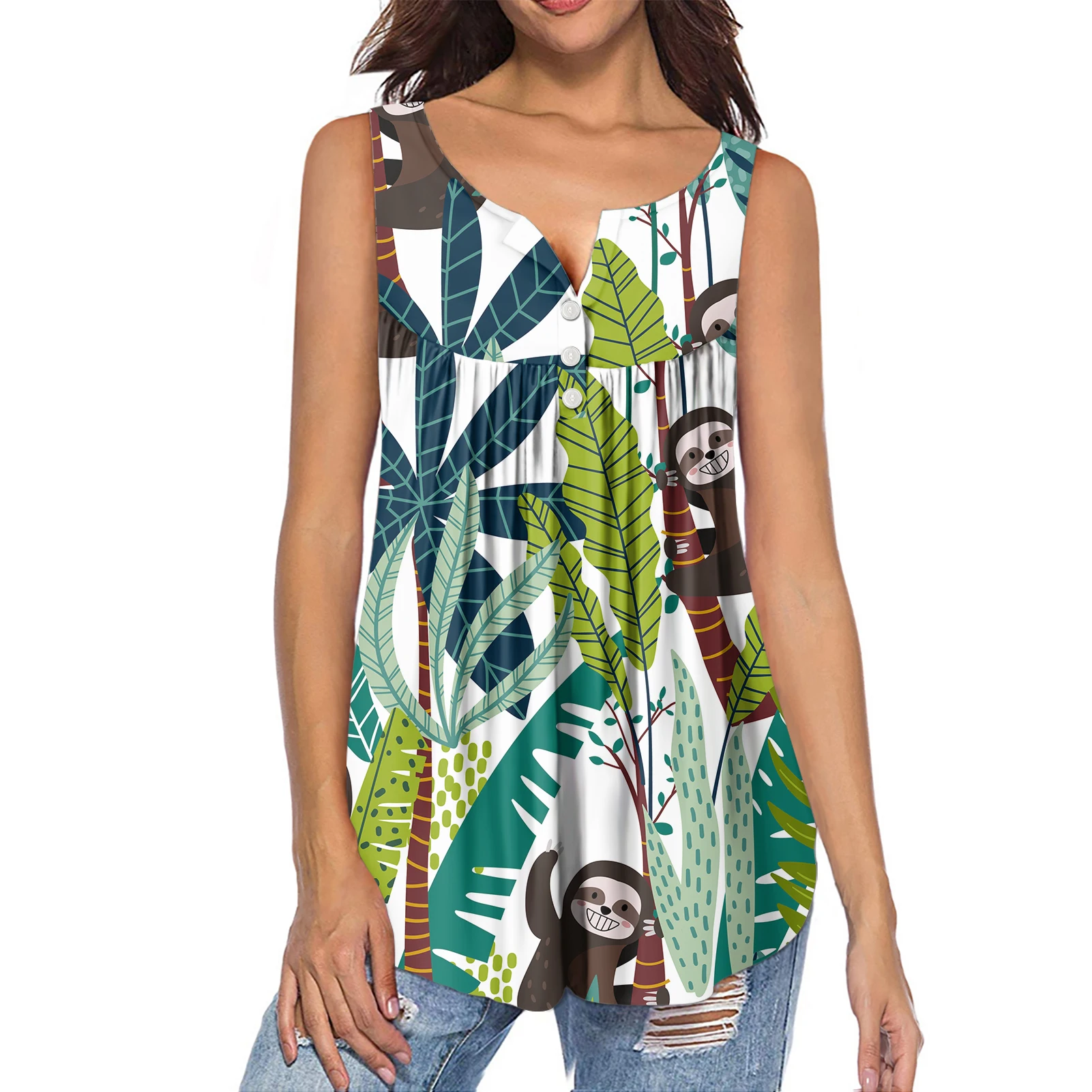 

1 MOQ Custom Hawaiian Bohemia Printed Round Neck Sleeveless Plus Size High Quality Women Casual Summer T-shirt Ladies Tops, Customized color