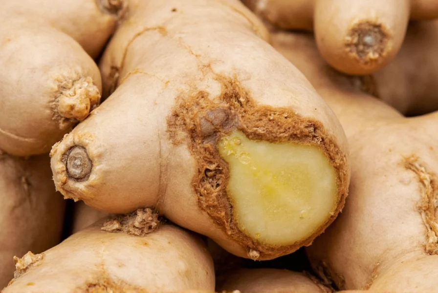 Close-up of ginger rhizomes showing growth buds and root structures for propagation