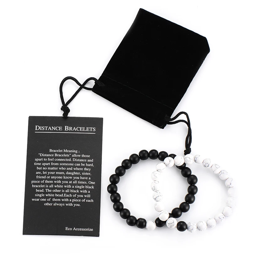 

2Pcs/Set Couples Distance Bracelet Classic Natural Stone White and Black Yin Yang Beaded Bracelets for Men Women custom bag, As photo