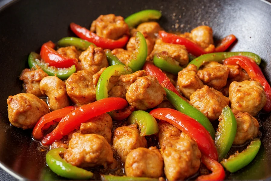 Close-up of sizzling pepper chicken in wok with vibrant bell peppers and tender chicken pieces
