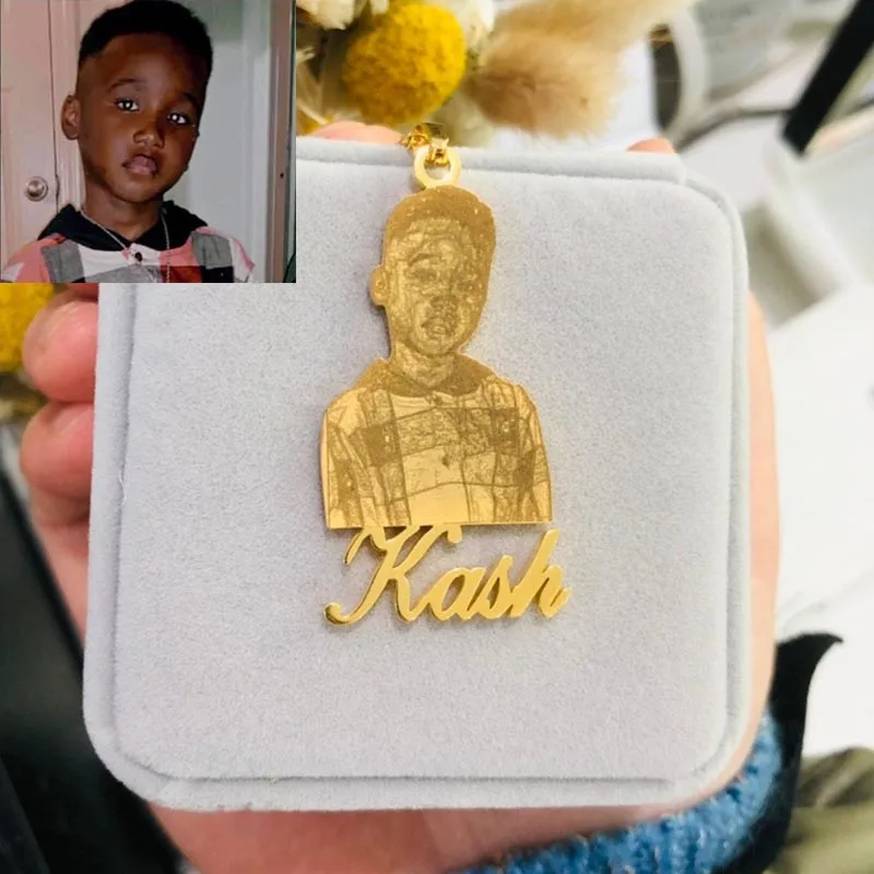 

Gold Plated Cartoon Name Pendent For Kids Custom Personalized Photo Picture Portrait Nameplate Necklace