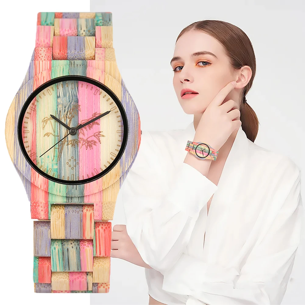 

Fashion Natural Handcraft Rainbow Colorful Bamboo Quartz Wristwatch Reloj De Bamboo Analog Couples Wood Watches For Men Women