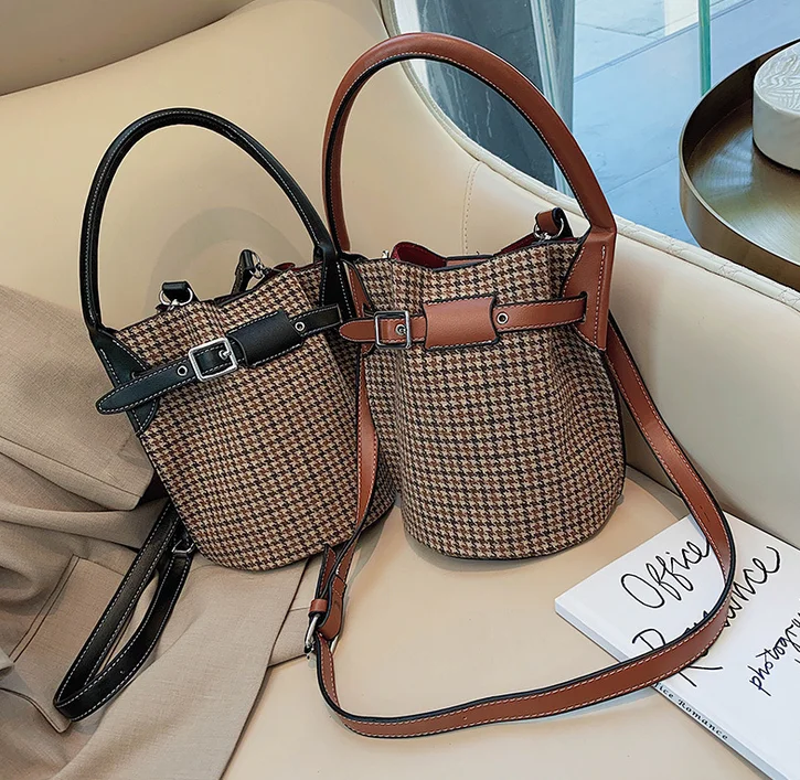 

custom trendy woolen fabric cross body side bags girls sling shoulder phone buckle shoulder bag custom ladies bucket bag, Black, brown