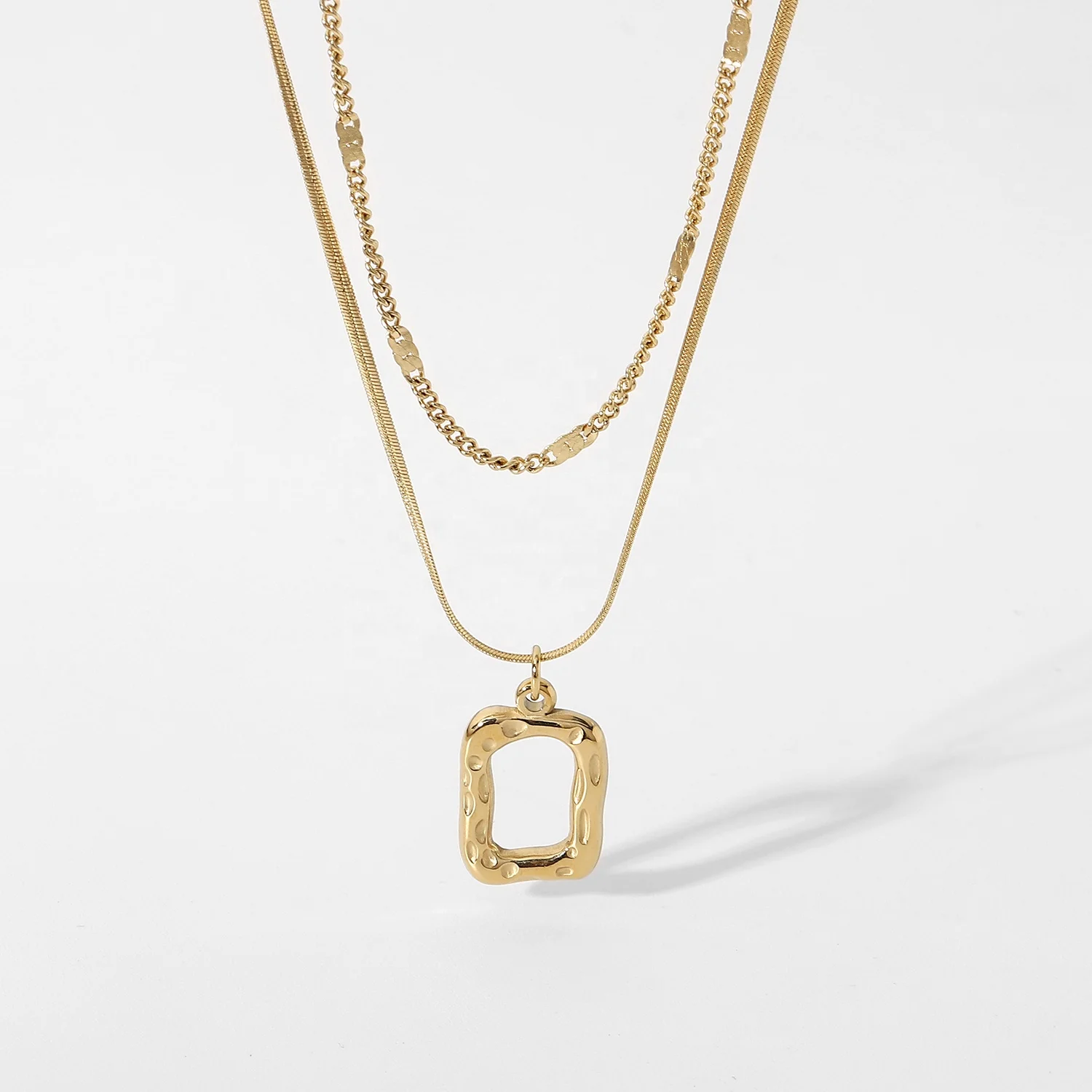 

New Trendy 14K Gold Plated Stainless Steel Accessories Double-Layer Hammer Hollow Square Pendant Necklace