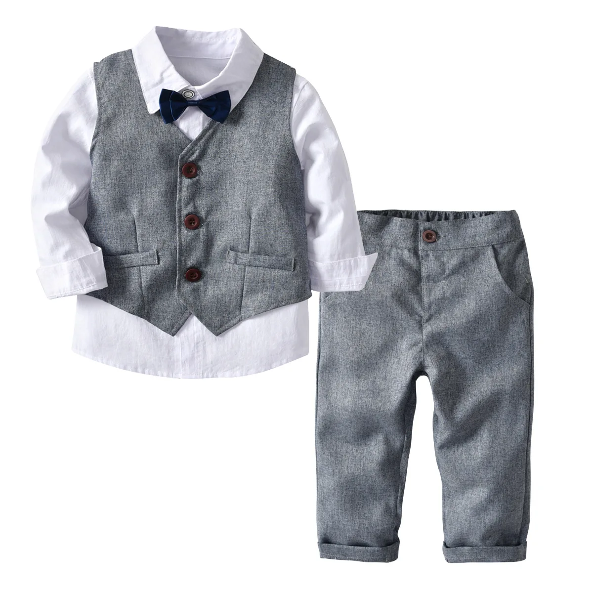 

916 Autumn Toddler Kids Baby Boys Gentleman Suit Clothes Long Sleeve BowTie Shirt+Vest+Pants Formal 3Pcs Birthday Clothing Set, As picture