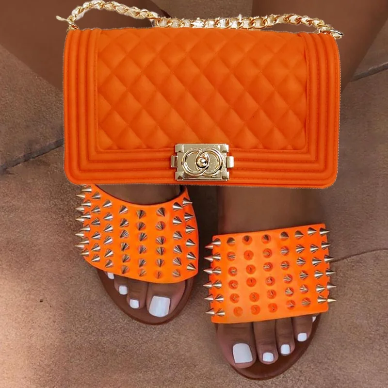 

Retail summer 2 piece set solid color jelly purse matching rivet slippers women beach new combination purse and bag set, Colors