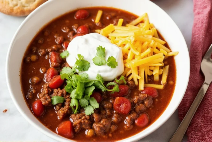 Bowl of homemade ground beef chili with toppings including cheese, sour cream, and cilantro