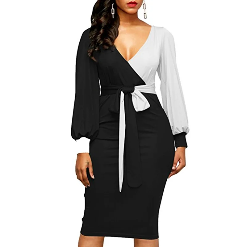

Elegant Long Sleeves Office Lady Knee-length Women Business Formal Dress Contrast Color