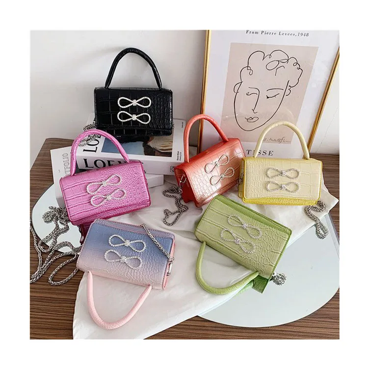 

Stone Pattern Mini Handbags Rhinestone Bow Shoulder Crossbody Sac Female Bags Alligator Small Square Purses Sweet Clutch Tote