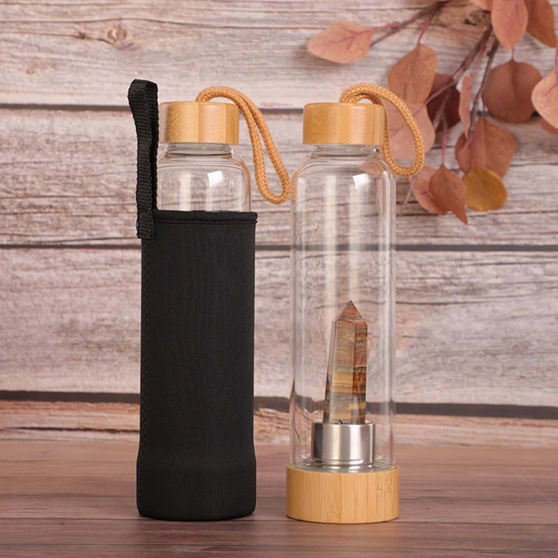 

Gift Box Energy Crystal Water Bottle Natural Gemstone Water Bottles Rose Quartz Water Bottle with bamboo lid, All