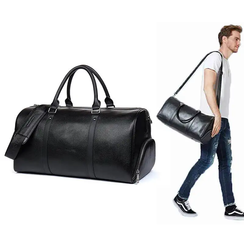 

V258 Wholesale casual black waterproof leather travel bags cylinder duffel bag with shoe compartment