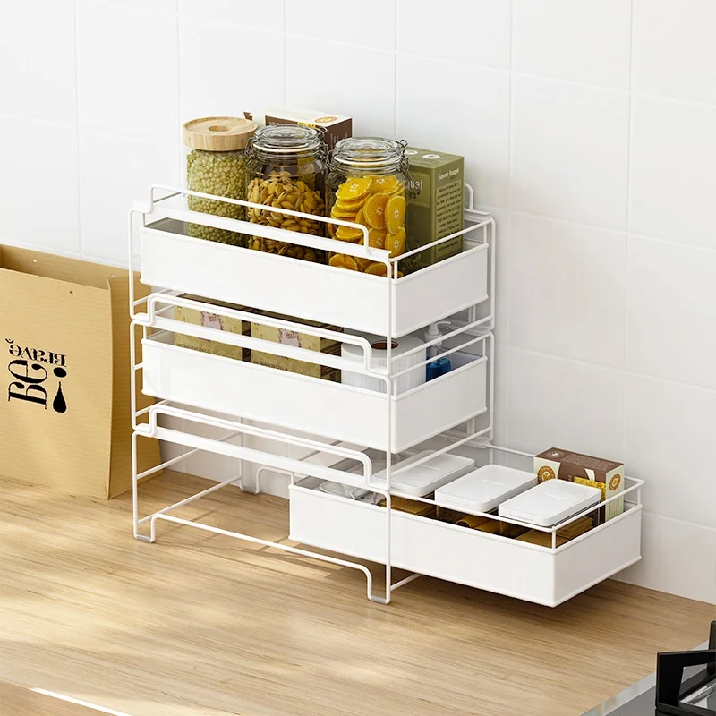 

stainless steel organiser household solutions pull out kitchen sink storage rack with drawer, White or black