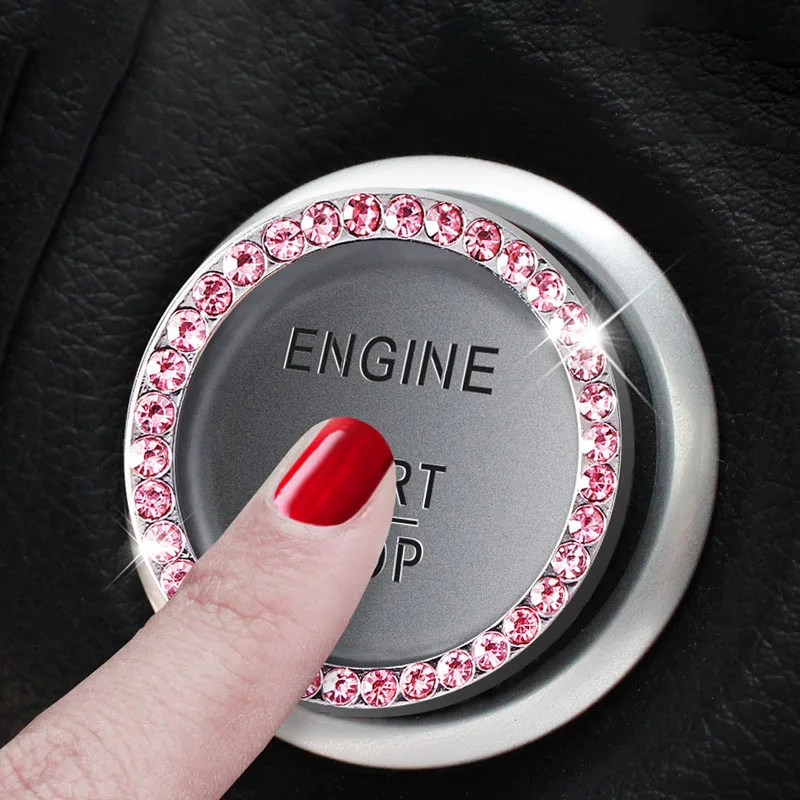 

Engine Start Stop Button Metal Decal Decoration Stickers Ignition Cover Bling Crystal Diamond Decor Ring, Pink, blue, white