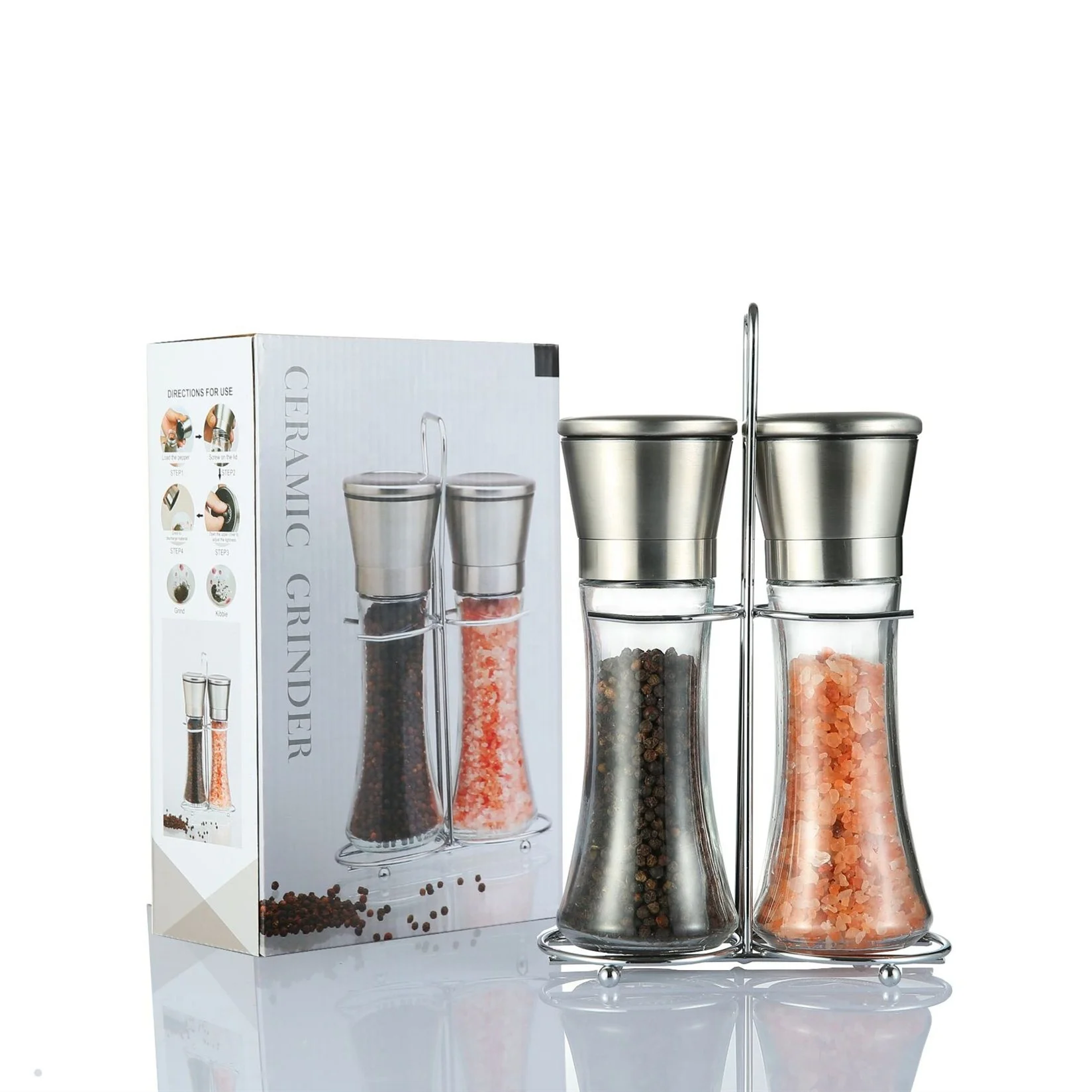 

Gift Box Packaging Set of 2 Pepper Shaker Tall Slender Stainless Steel Lid Gold Stand Salt Mill Glass Pepper Grinder