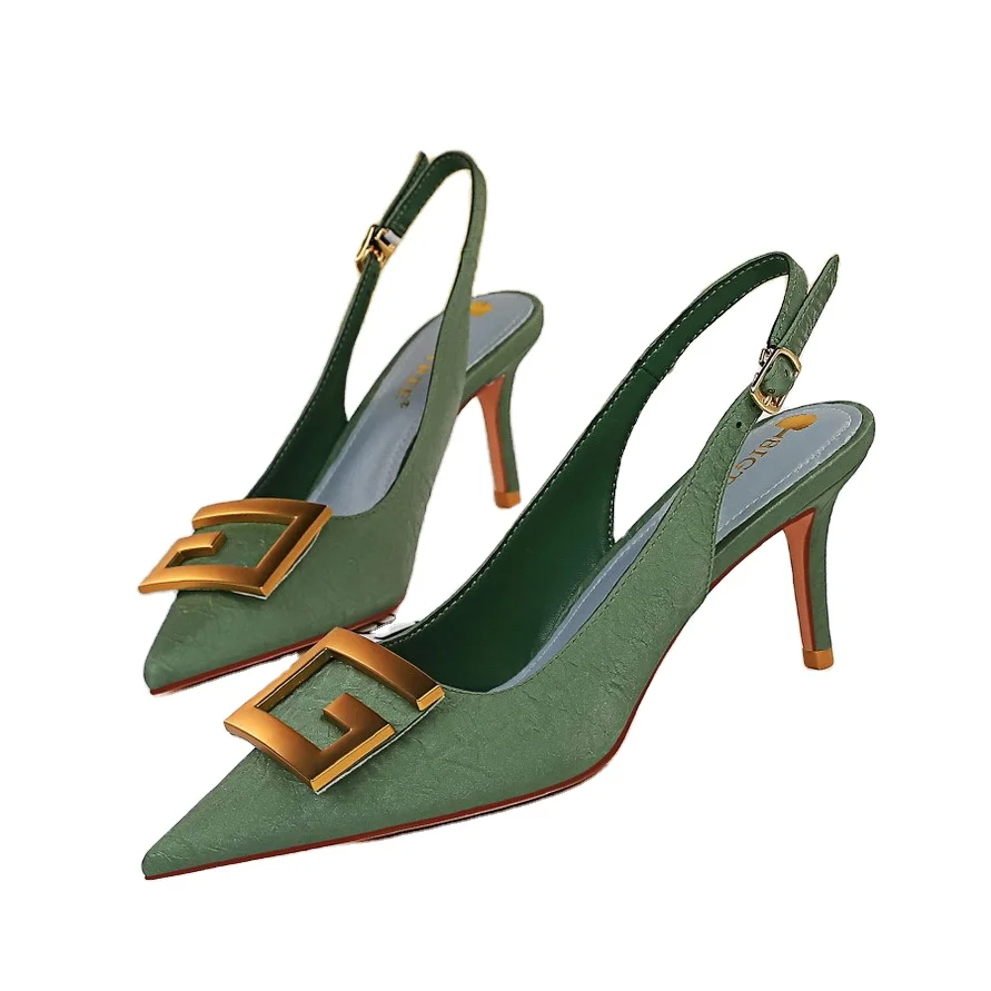 

New temperament fairy style pointed metal buckle stiletto heels fashion heels