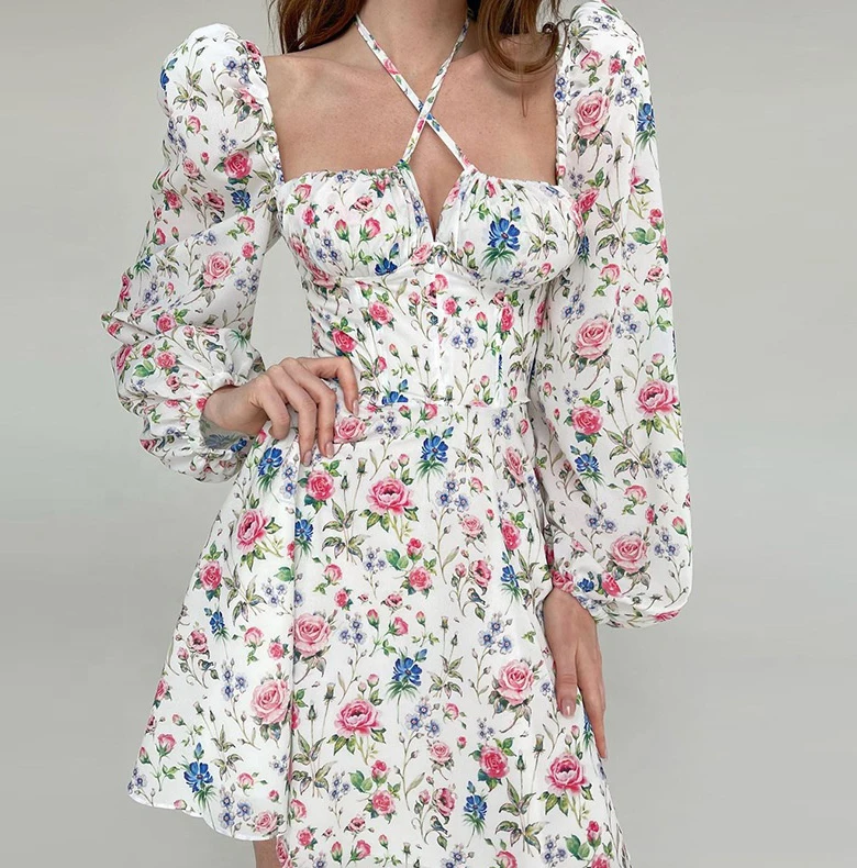 

Elegant Square Neck Halter Puff Long Sleeve Floral Print A-line Short Dress