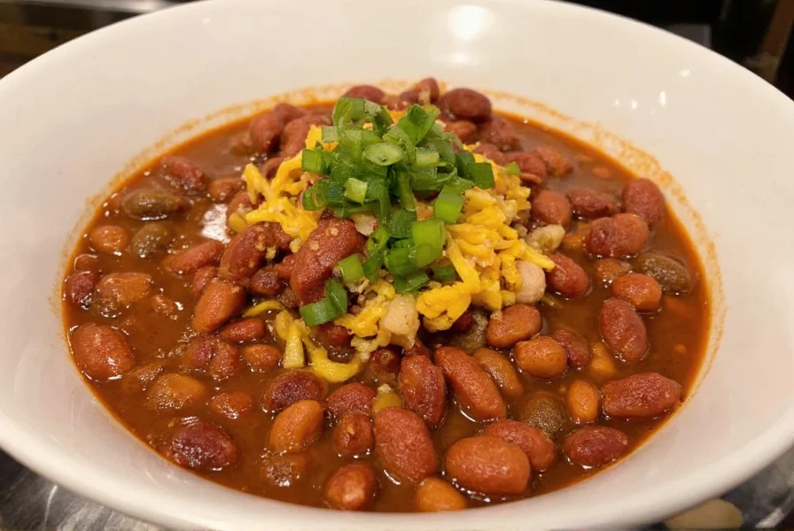 Finished bowl of serious eats style chili with toppings