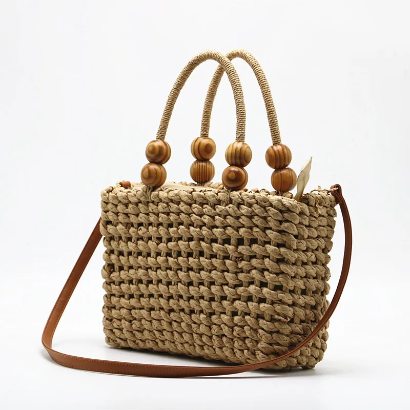 

New Arrivals 2022 Straw Shoulder Hand Bag with Wood Bead Handle, Customized color