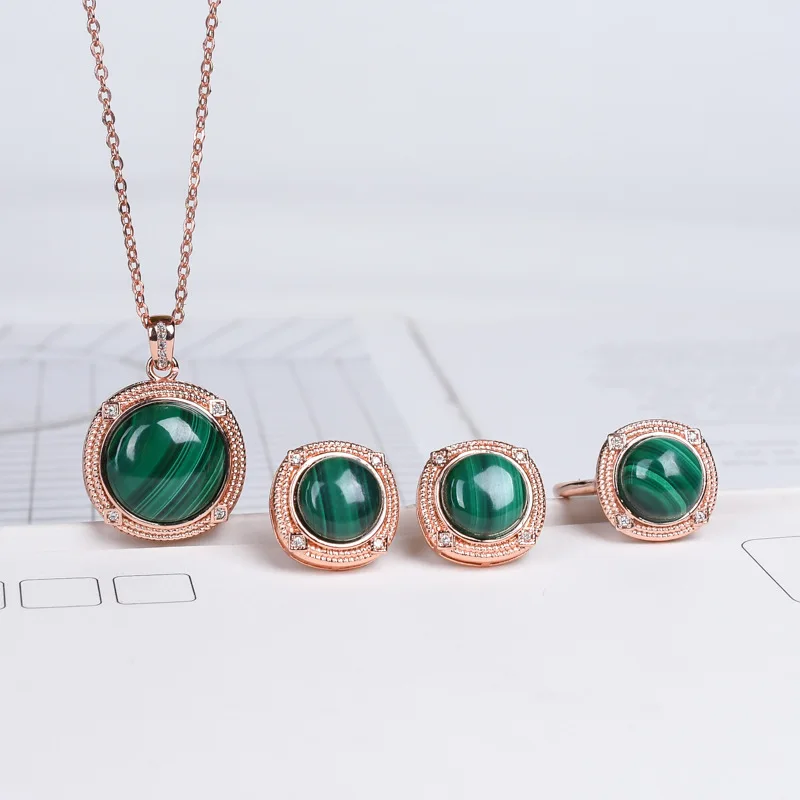 

Certified Natural Malachite Set Women's Malachite Rose Gold Inlaid Eardrops Stud Earrings Ring Three-Piece Set