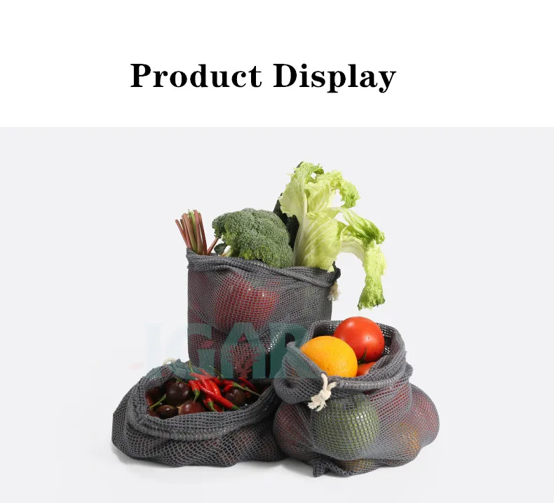 Gray color recycle fruit and vegetable bag reusable organic cotton mesh bags for fruits and vegetables 