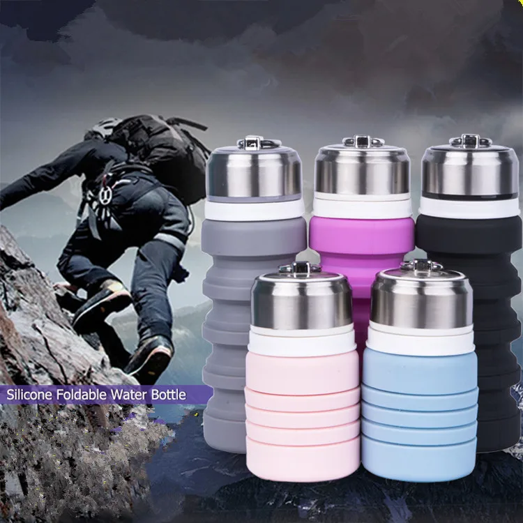 

Travel Portable Folding Retractable Multifunctional Outdoor Silicone Sports Water Bottle Custom Logo Mugs Water Cups, Pink,rose red, gray, black, light bule/custom color