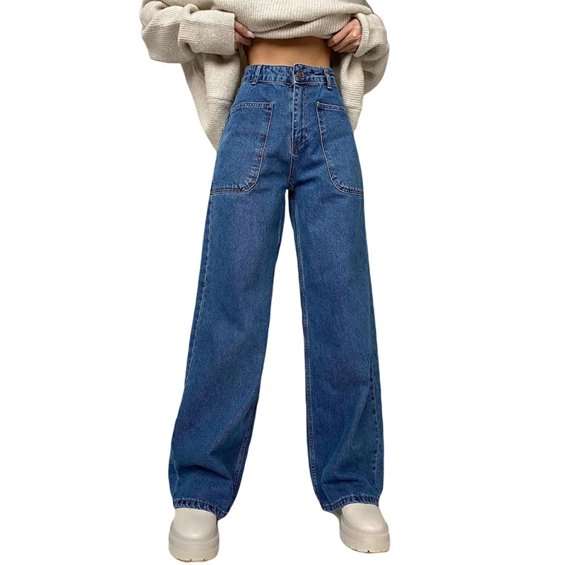 

High waist bag hip wide leg casual pants trend patch pocket straight jeans summer new women's clothing