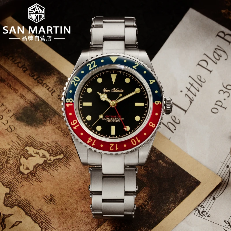 

Free fedex shipment San martin 20atm GMT red and blue ceramics bezel Master all 316L steel dome sapphire diver watch for sale