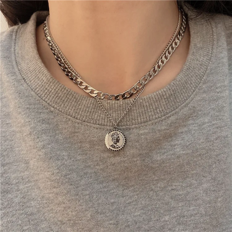 

2023 New Cartoon Sweater Jewelry Double-layer Stainless Steel Round Coin Princekin Portrait Pendant Necklace For Women