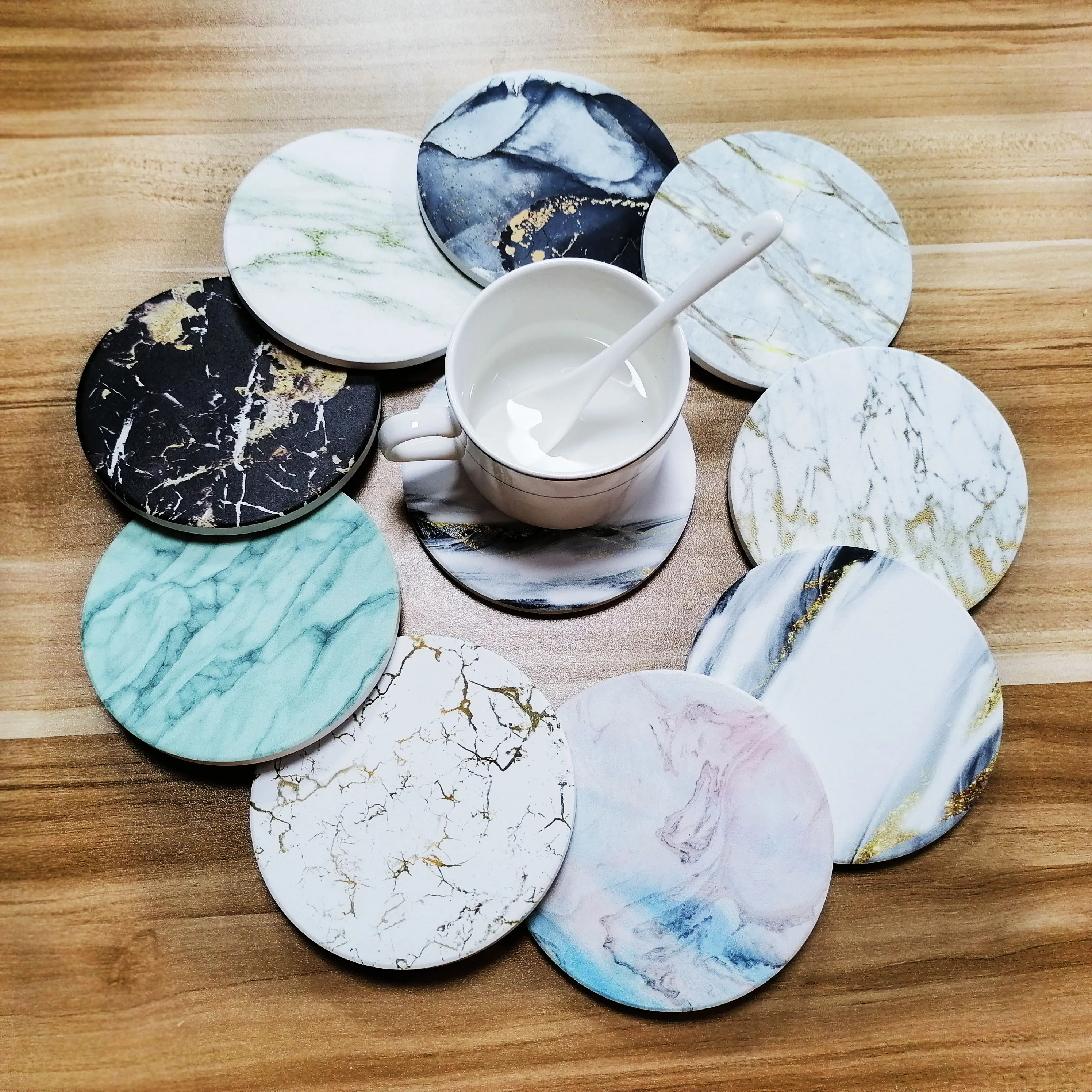 

2020 Free Sample Coaster Round Ceramic Stone Absorbent Marble Effect Coaster With Holder