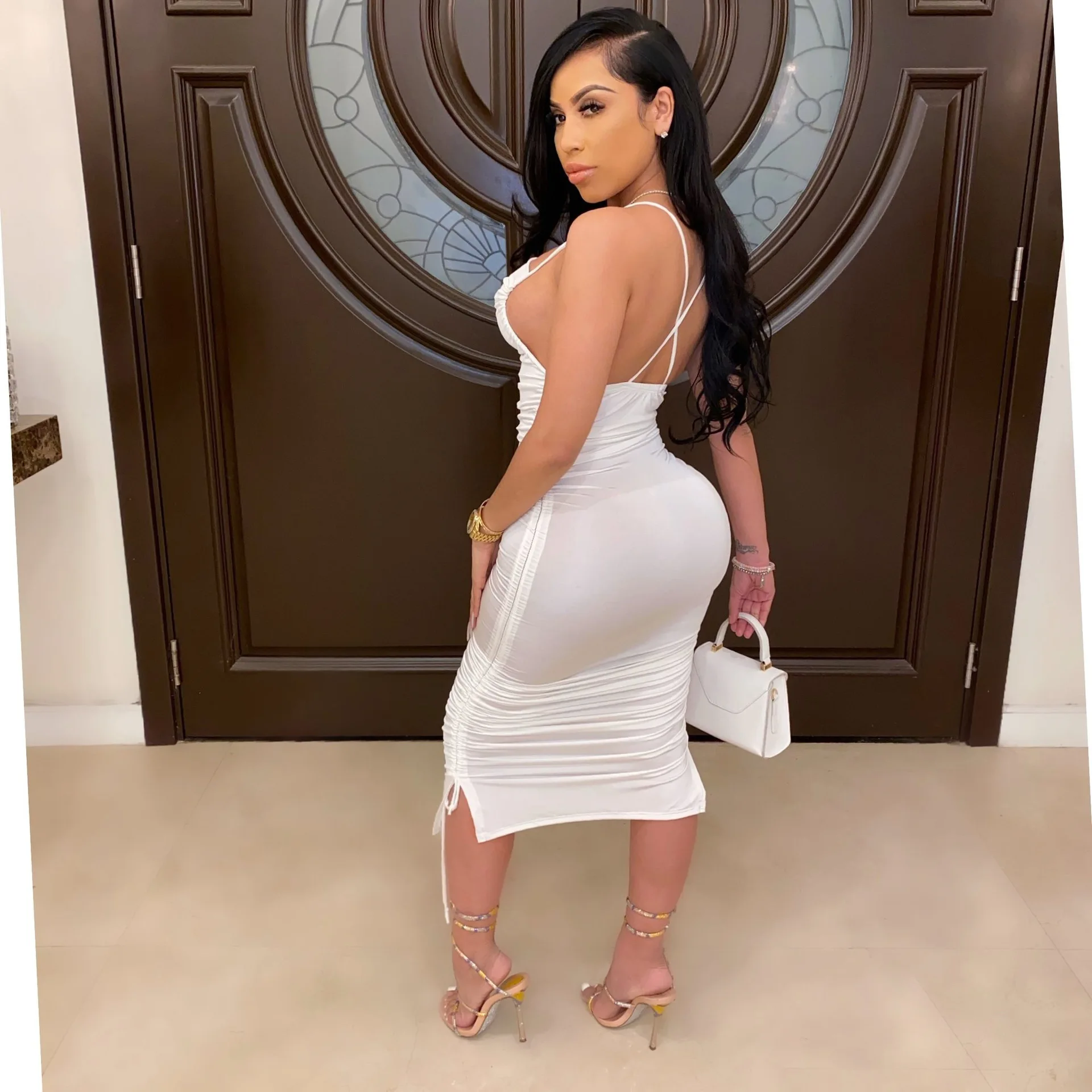 

Backless Draped Sleeveless Satin Maxi Dress, Black,white,blue