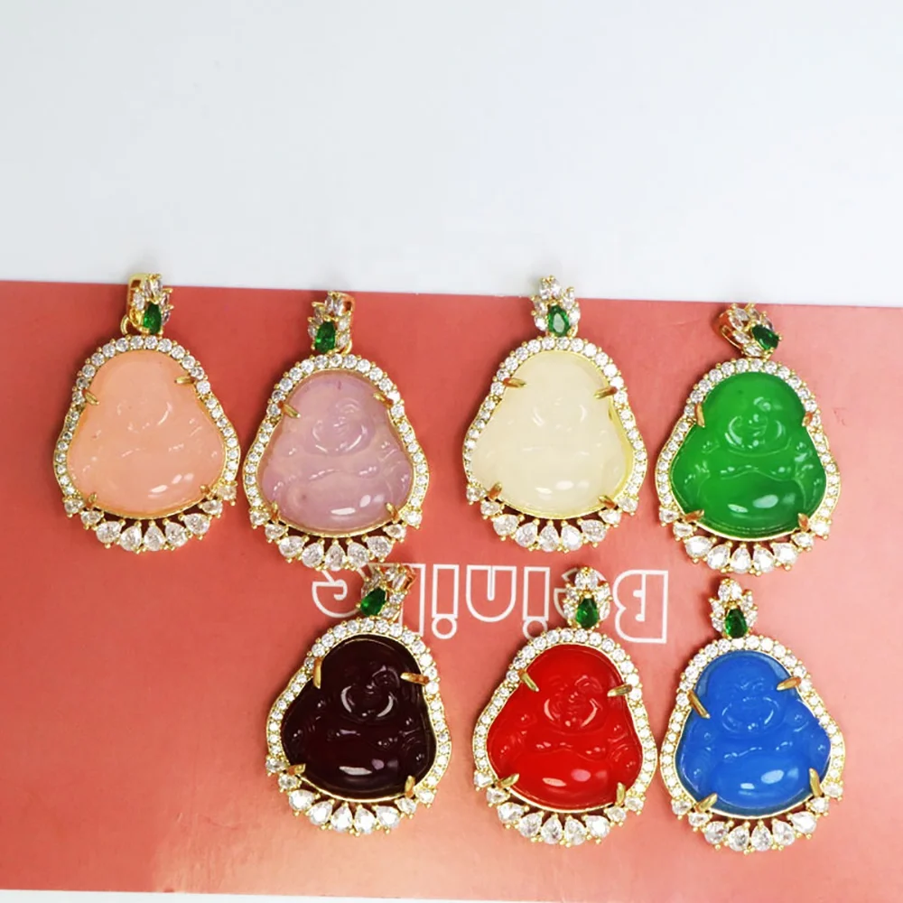 

Newest fashion full diamond brass real gold plated micro inlay shiny zircon jade agate Maitreya buddha necklace jewelry