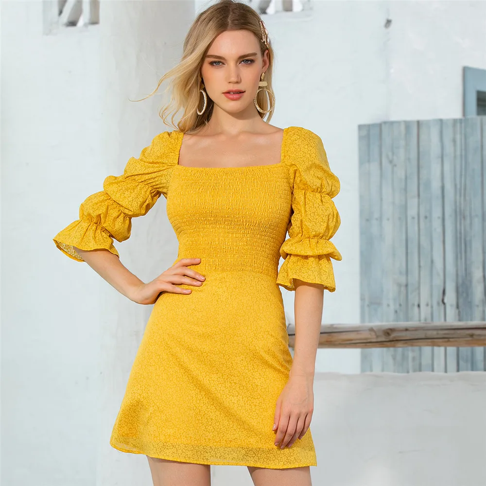 

DM Shein Manufactory Supplier High Quality Womens Dresses Ruffles Puff Sleeve Cut Out Back Shirred Casual Dress in Stock, Shown,or customized color,provide color swatches