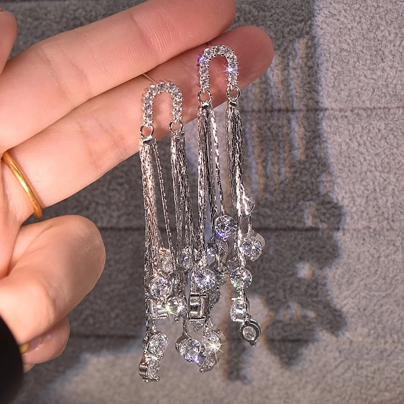 

Fashion Luxury Tassel Crystal Drop Earrings Female Bridal Long Chain Earrings Wedding Jewelry