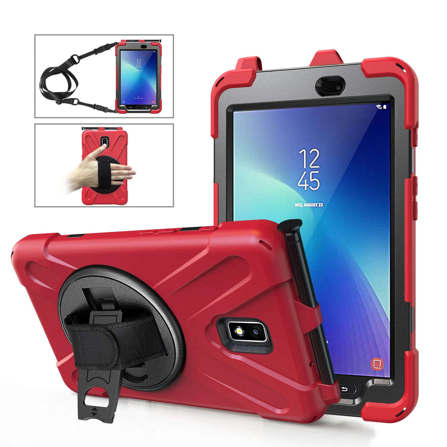 

Rugged Hybrid Armor Case for Samsung Galaxy Active 2 8.0 T390 T395 T397 Kickstand Hand Shoulder Strap Shockproof Tablet Cover