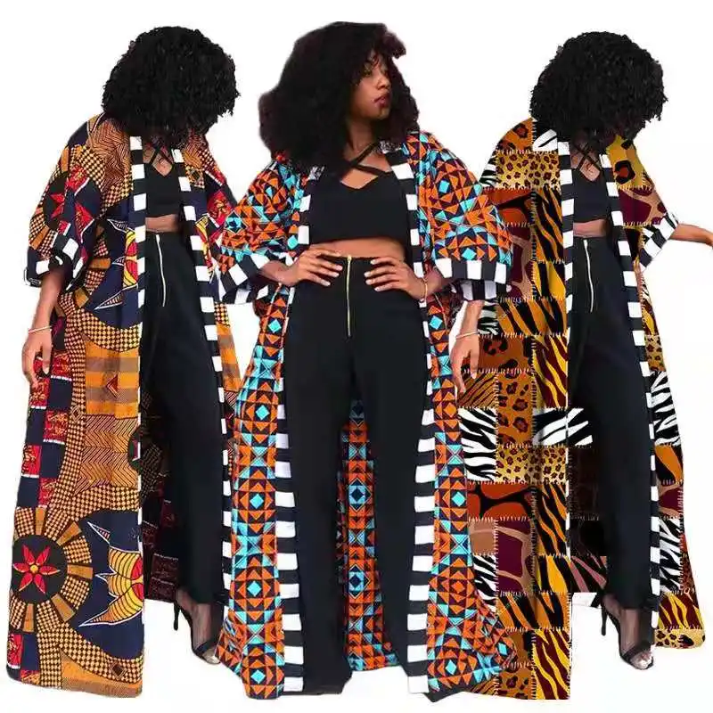 

wholesale Puffer Long Trench Coat Women Kimonos Ladies Windbreaker African Ethnic Style Silk Floral Robes Luxury, Customized color